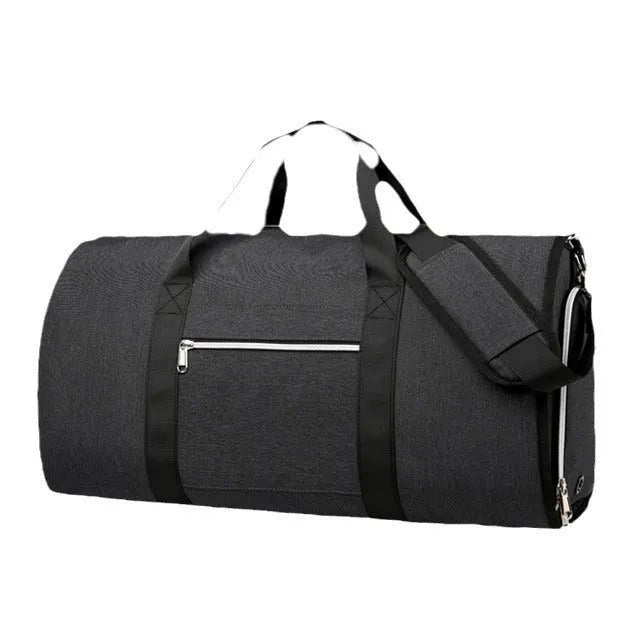 Grey expandable Oxford cloth sports and travel bag with compartments.