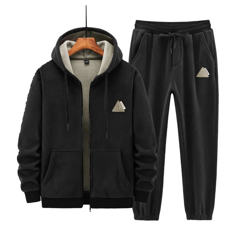 Grey hooded cashmere sweater and cotton trousers casual sports suit on hanger