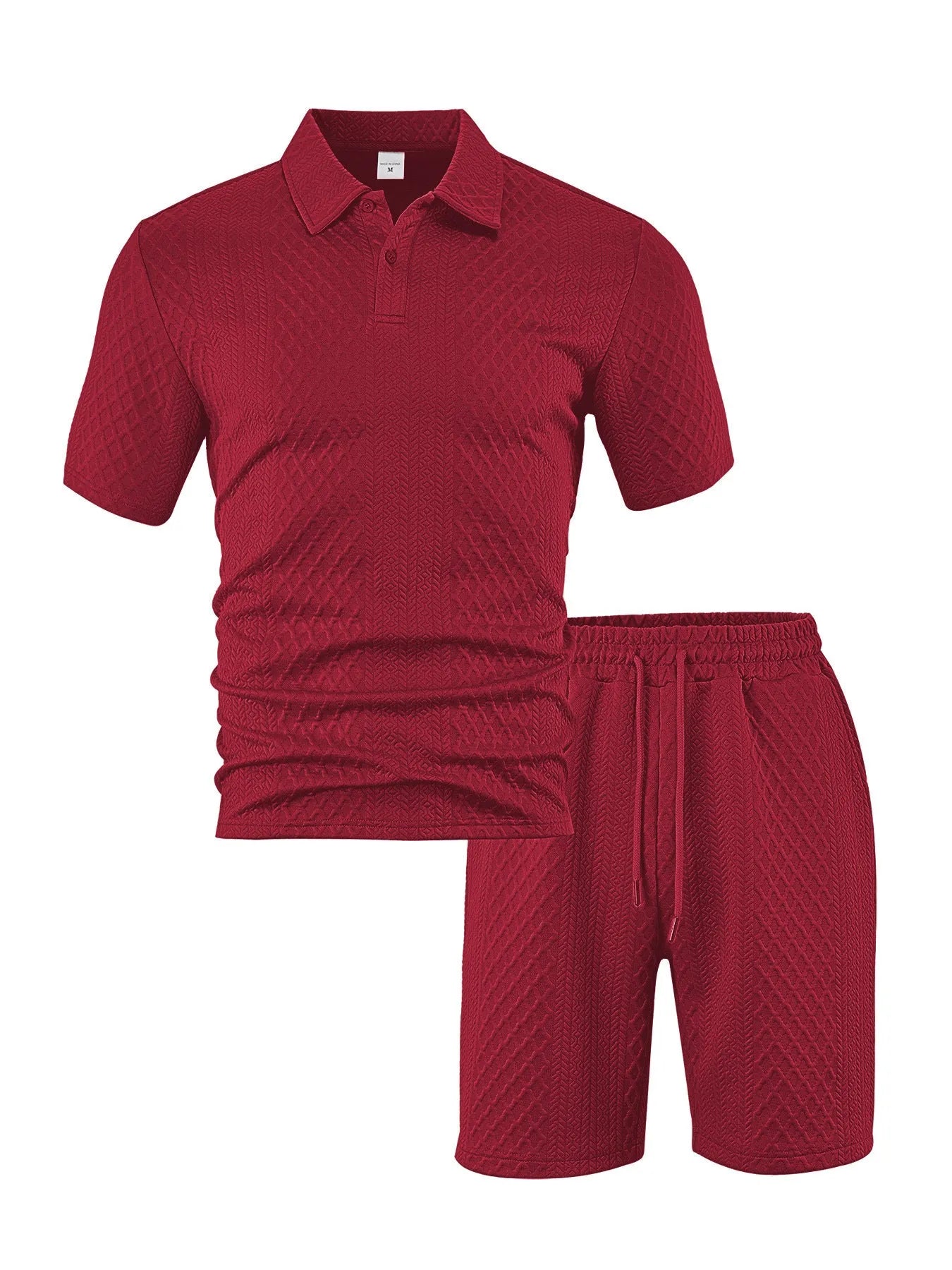 Men's patterned polyester casual short sleeve suit in multiple colours with polo shirt and trousers