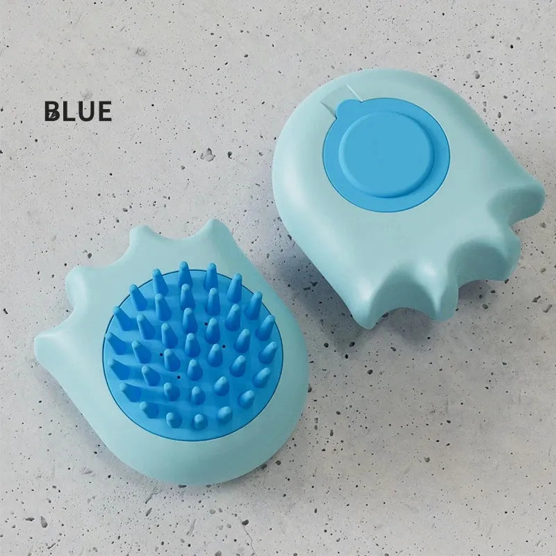 Blue pet bath brush with massage comb head and integrated shampoo box for washing dogs and cats.