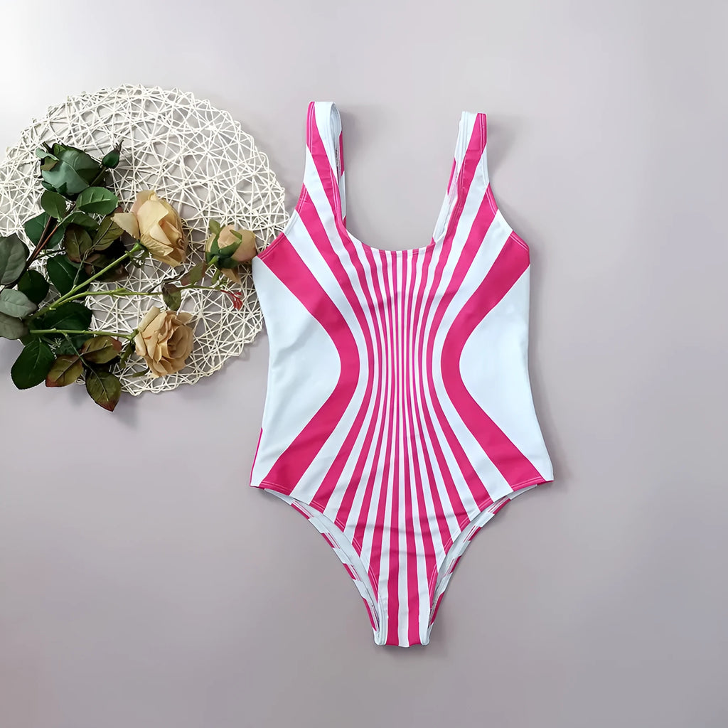 Pink striped women's one-piece swimsuit with digital front and rear printing