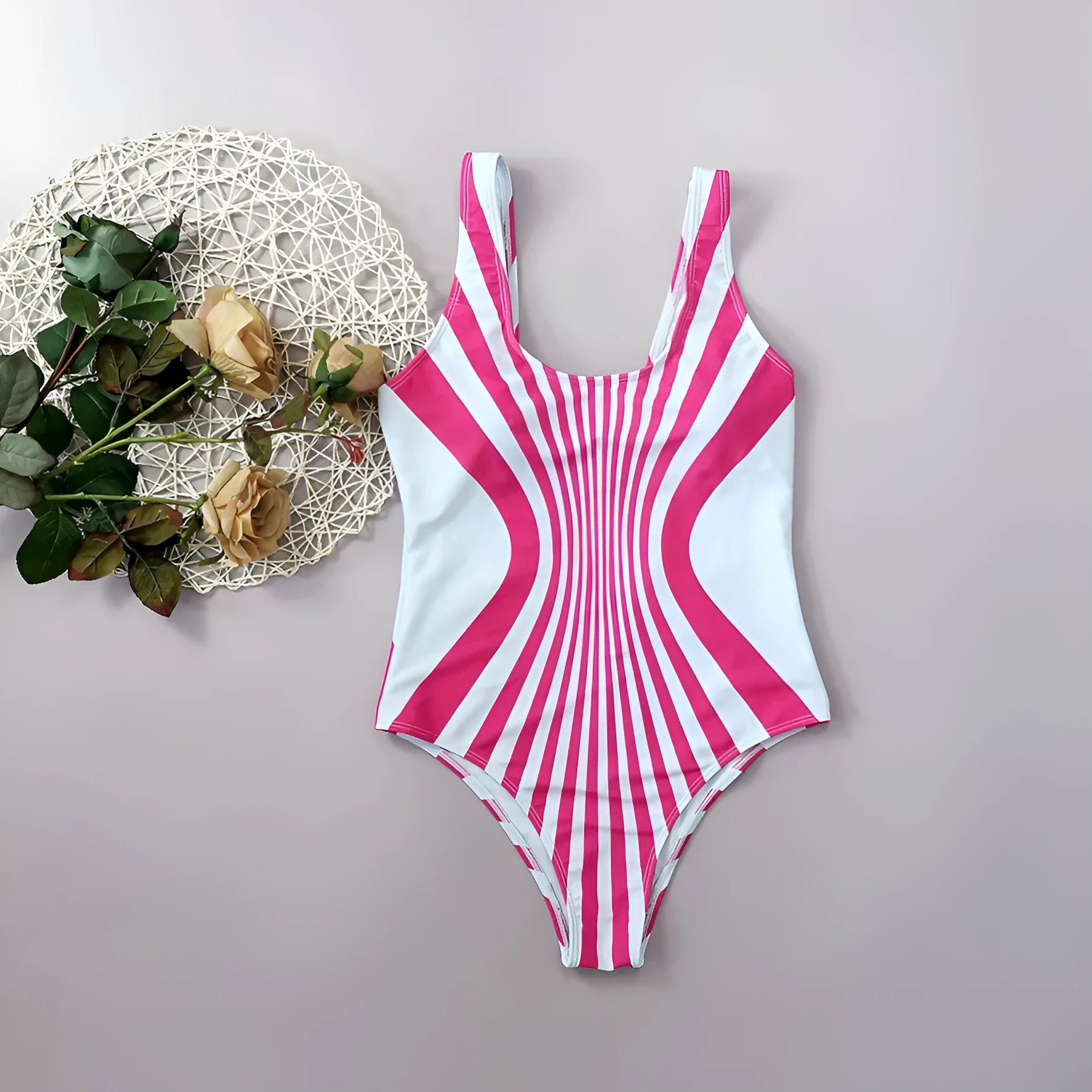 Pink striped women's one-piece swimsuit with digital front and rear printing