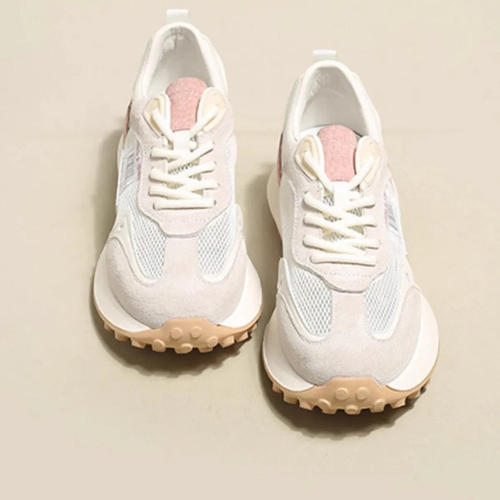 Women's grey and pink retro casual sneakers with mesh lining and rubber sole, low-top design
