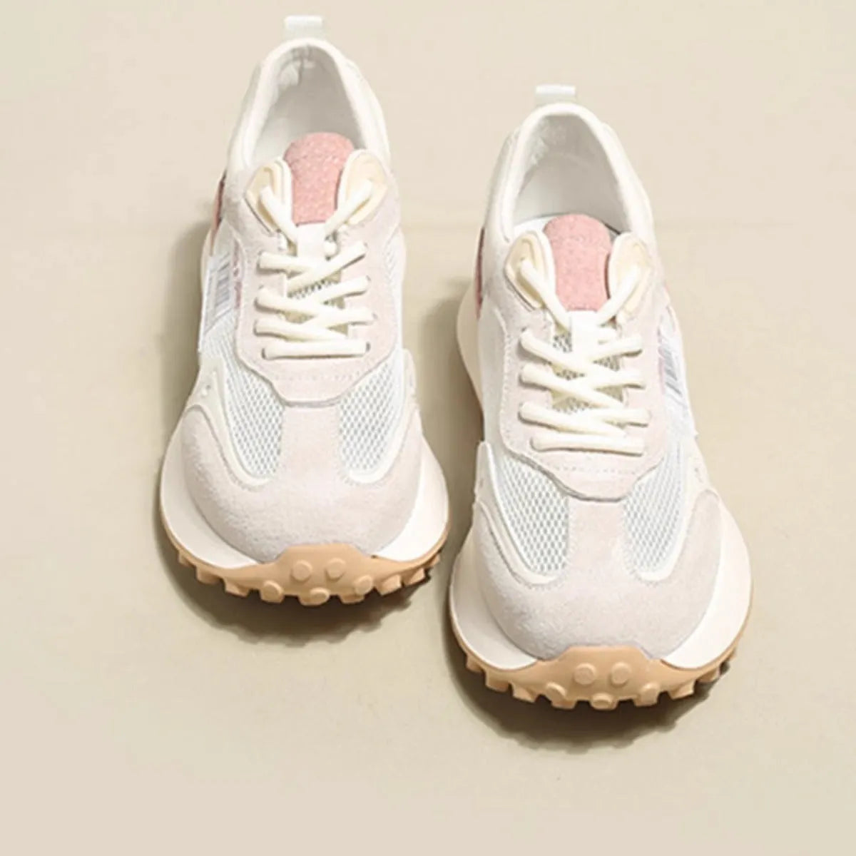 Women's grey and pink retro casual sneakers with mesh lining and rubber sole, low-top design