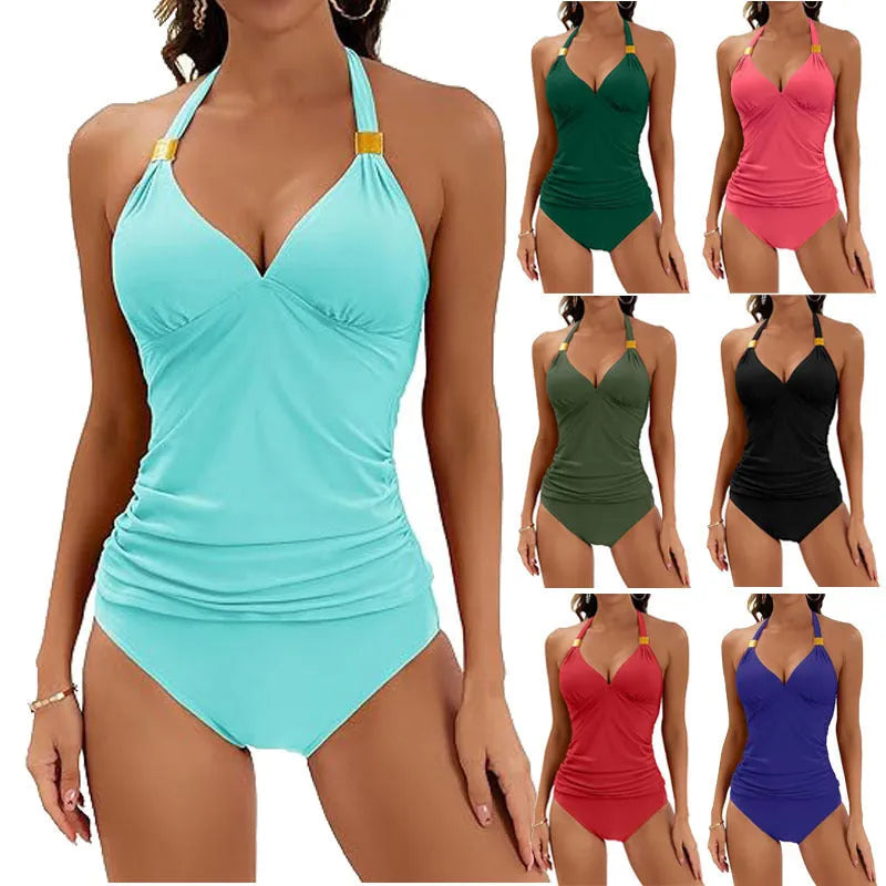 Women's red halter neck two piece swimsuit with split tie briefs laid flat.