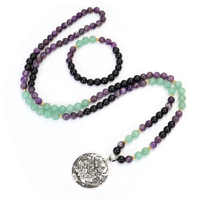 Handmade yoga lotus pendant necklace and bracelet set with stone beads and geometric alloy pendant