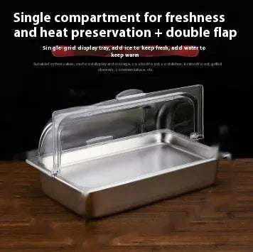 Stainless steel commercial dining plate display box with a removable lid and multiple inner compartments.