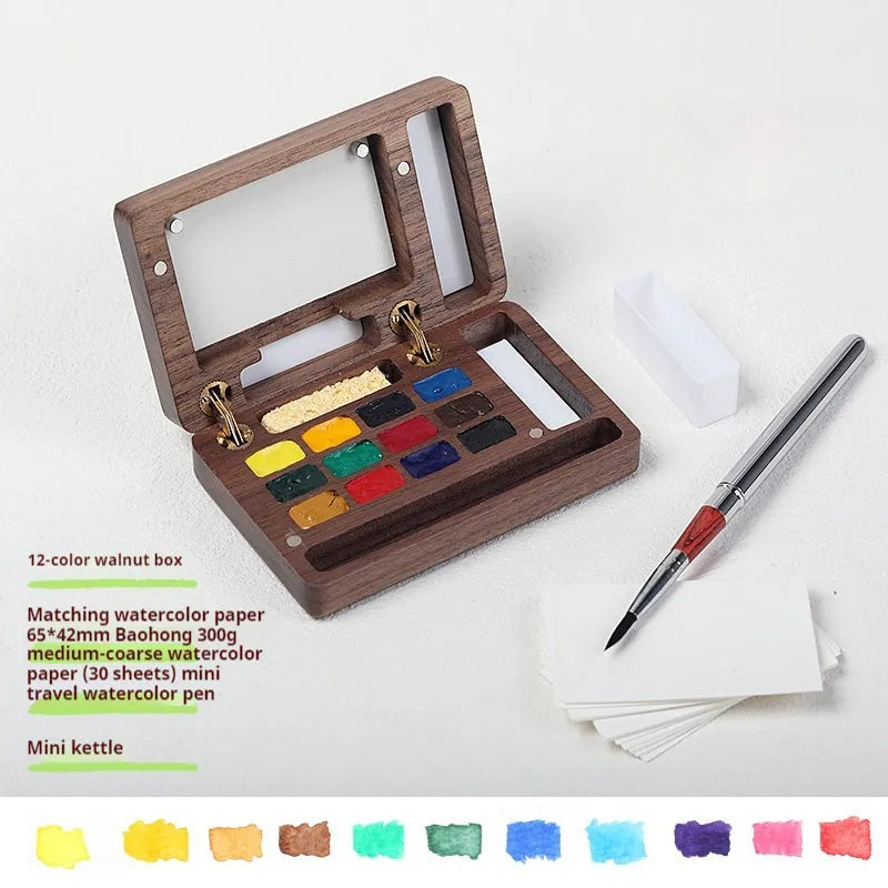 Mini walnut wooden watercolour paint box with professional pigment selection options