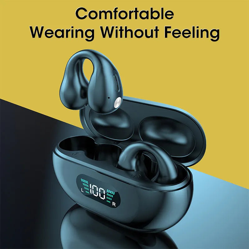 Black bone conduction Bluetooth headset clip worn on ear, showing ear clip design and bilateral speakers.