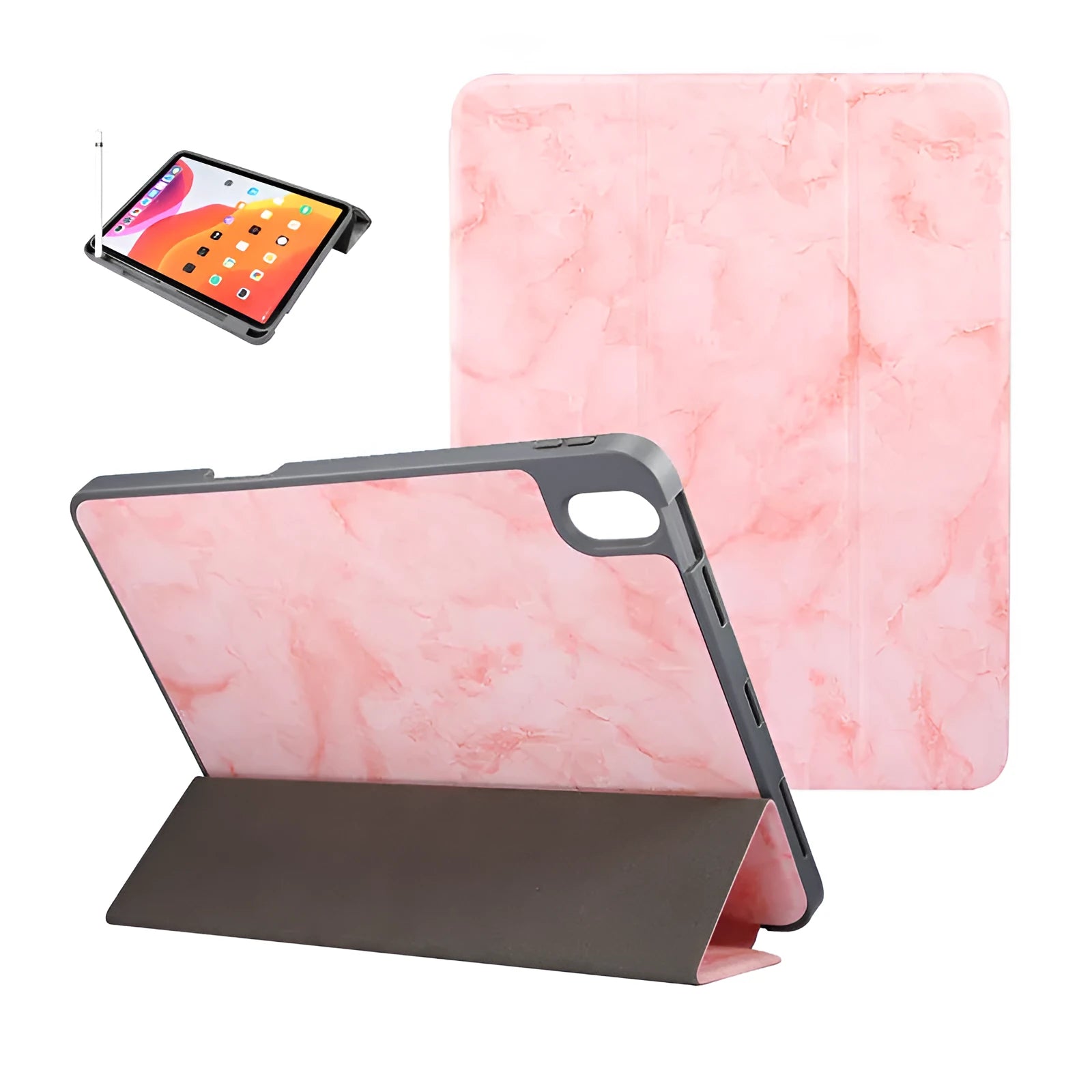 Tri-fold marbling design iPad case with pen slot in dark grey colour showing protective features