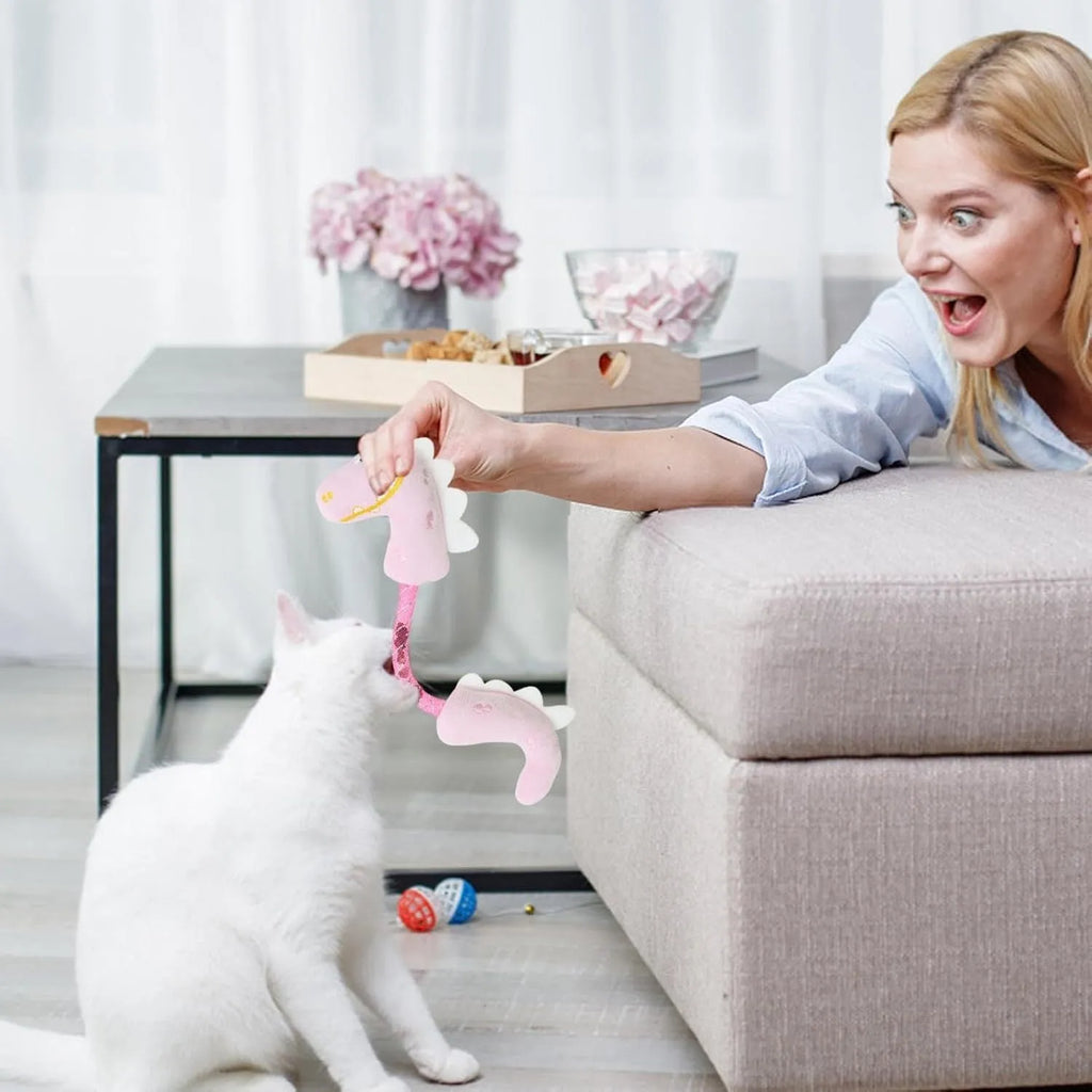 Bundle of four cat toys including a plush fish, rope, springs, and kicker toys in pink, purple, or yellow.