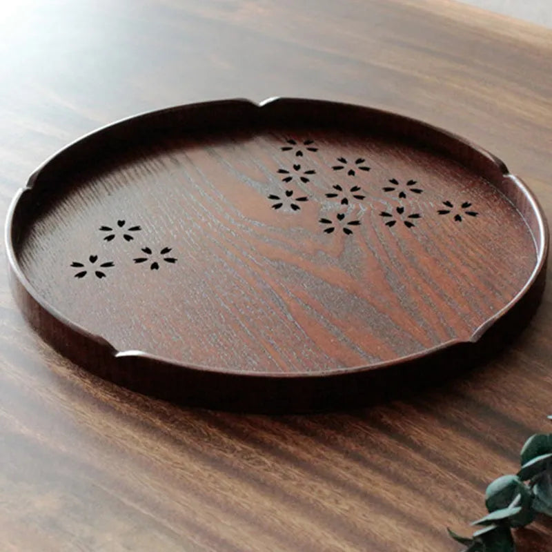 Wooden shallow serving plate with hollow cherry blossom pattern, 30cm diameter