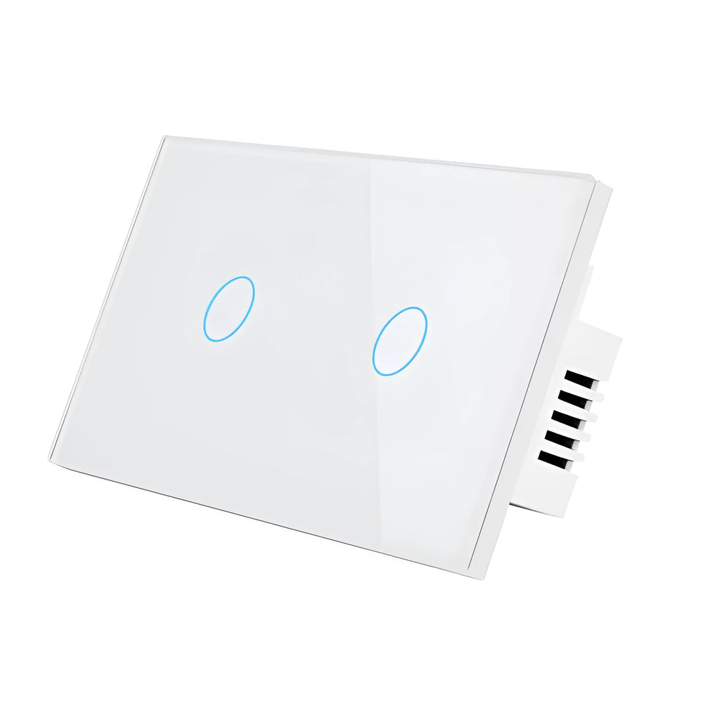 2-gang RF remote control touch light switch with tempered glass panel in white, black or gold finish