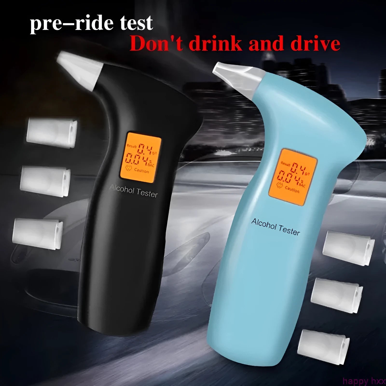 Portable orange light breath alcohol tester with replaceable mouthpieces on orange colour box