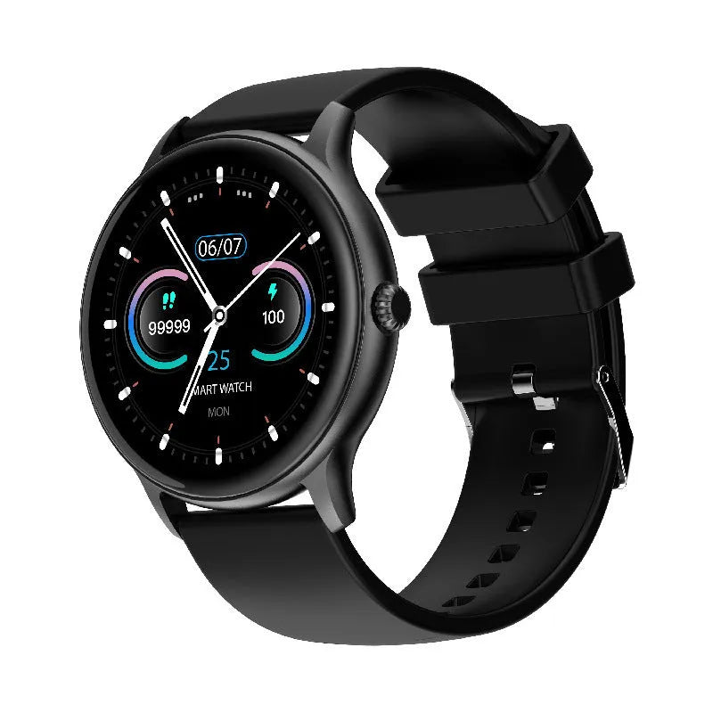 Black Bluetooth smart sports watch with circular screen on a silicone wristband
