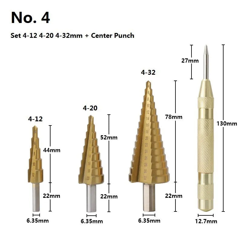 Step drill bit set with centre punch showing cone-shaped bits and colour-coded handles