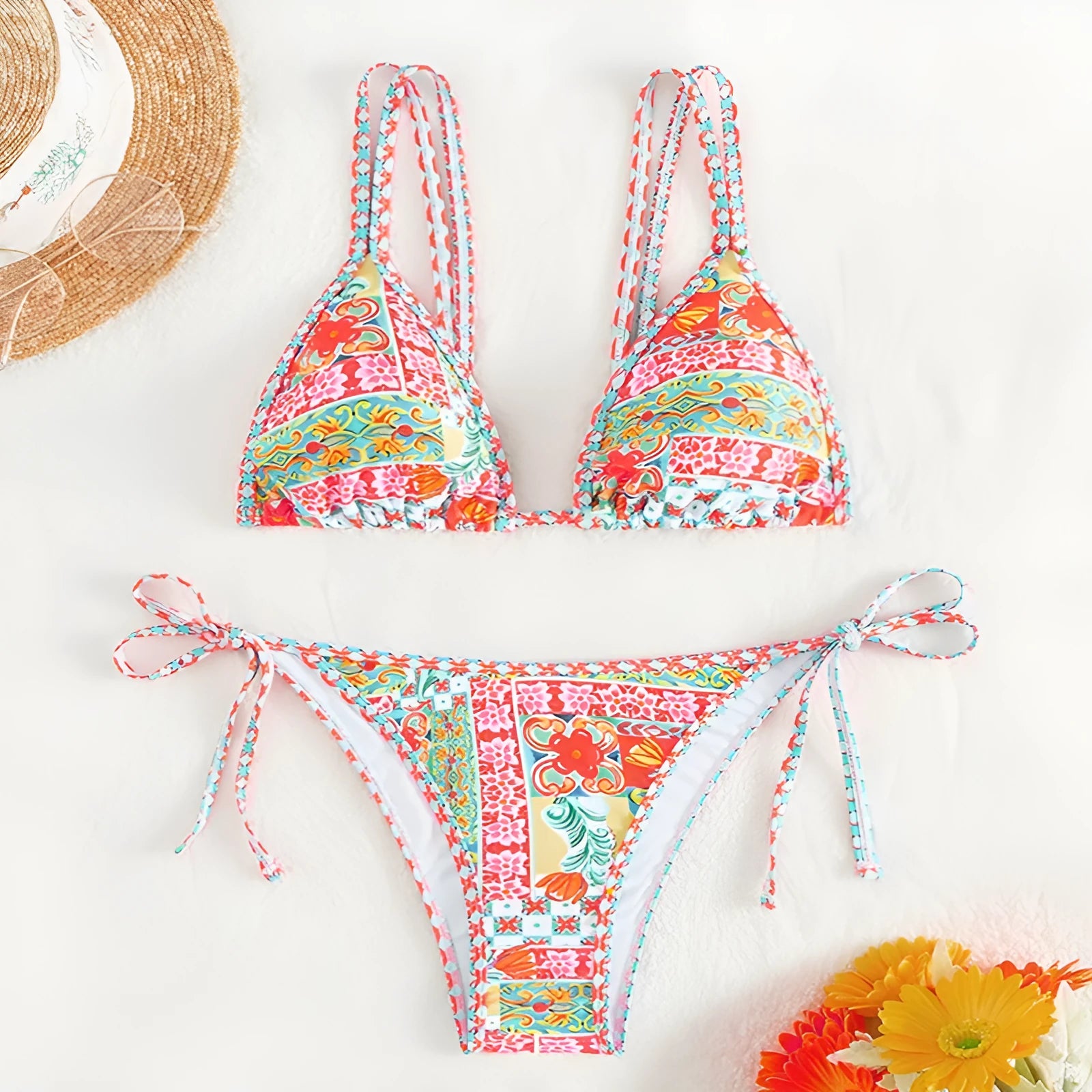 Women's lace-up split swimsuit in picture colour with backless design and briefs style