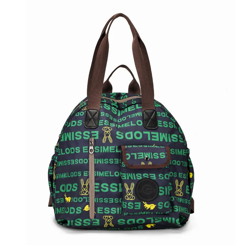 Outdoor backpack with sandwich pocket design in black, khaki, or green letters colours