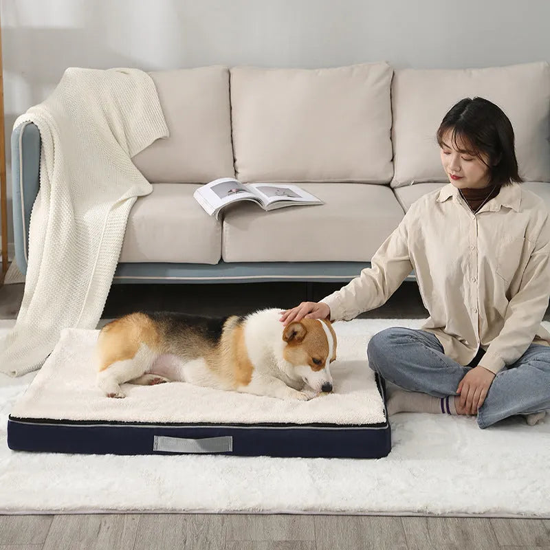 Removable washable sponge dog mat in brown, available in multiple sizes on a wooden floor.