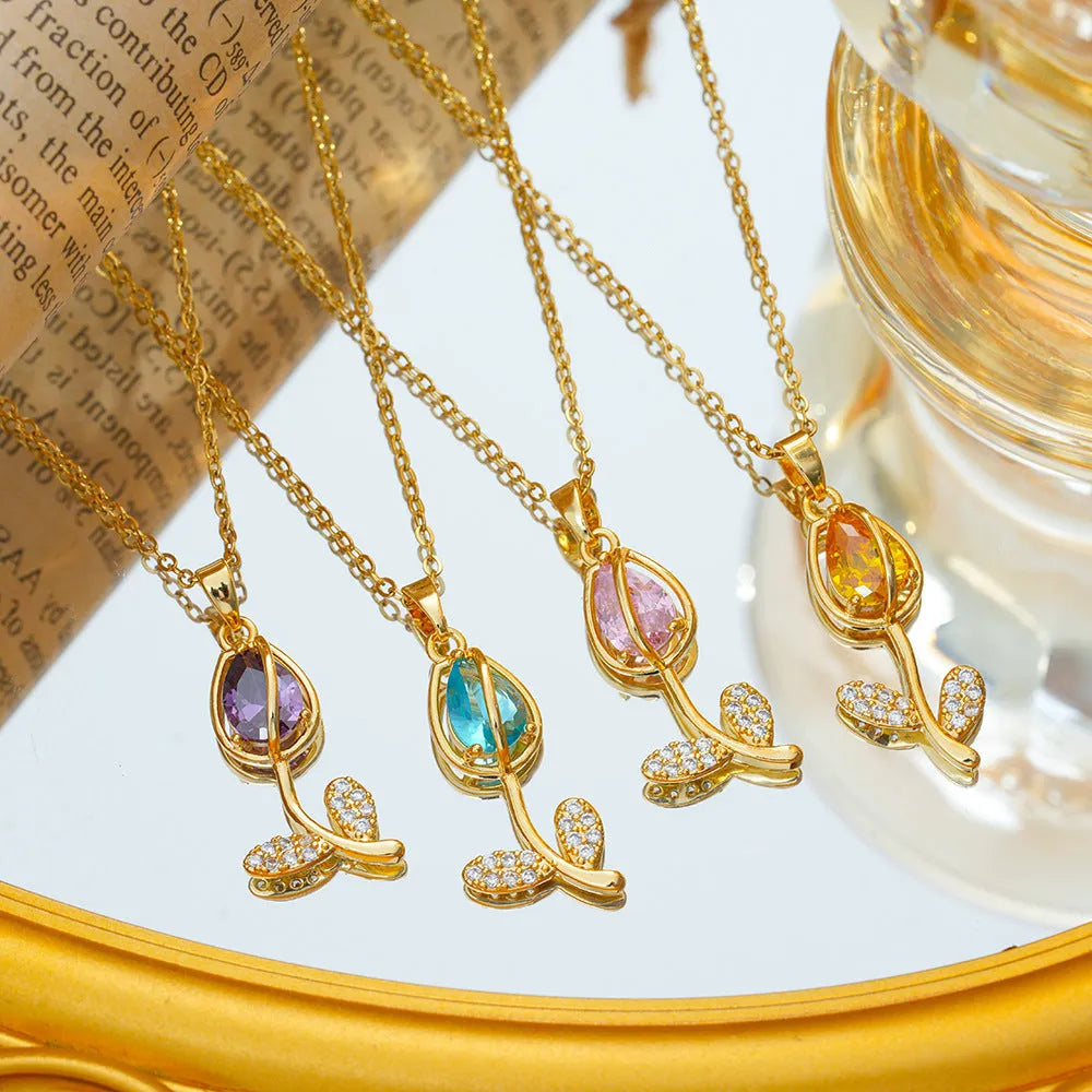 Zircon tulip necklace for women with titanium steel chain and floral pendant