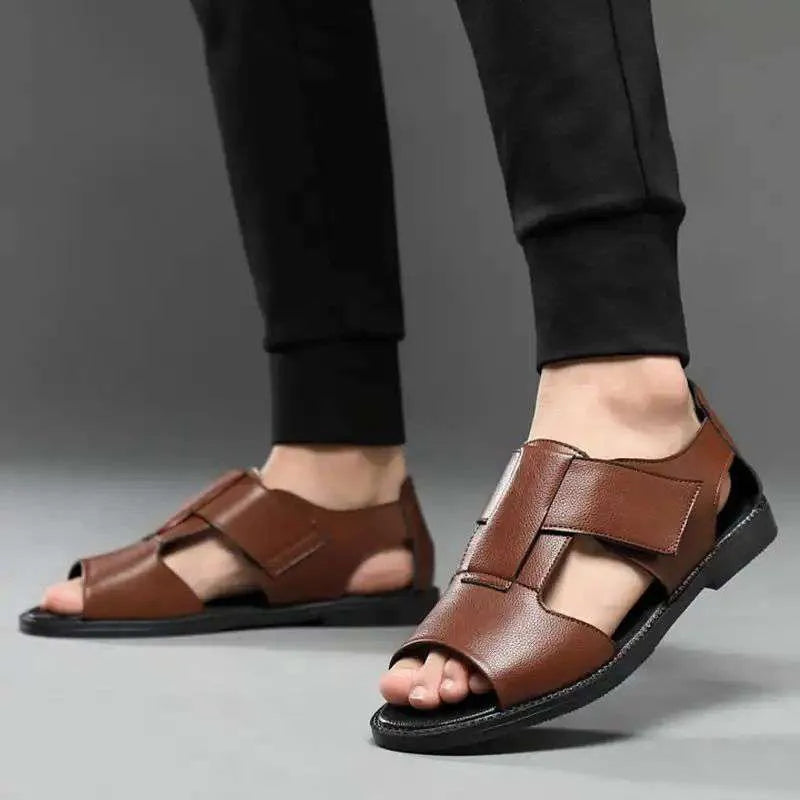 Men's black and brown leather open-toe casual sandals with rubber soles, shown from the side.