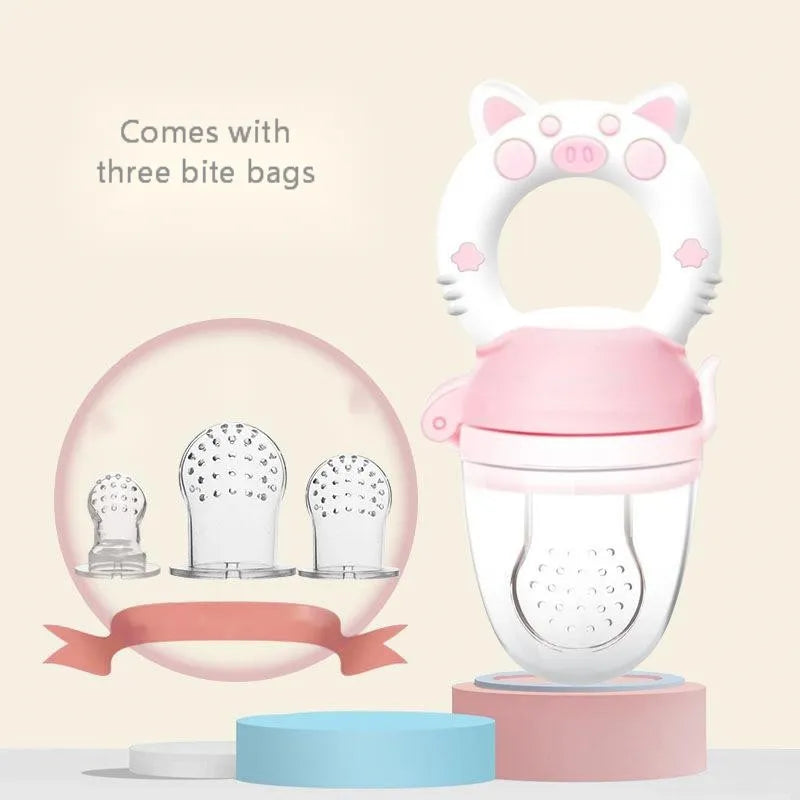 Soft silicone baby teether in blue, green, and pink colours with one or three mouthpiece options.