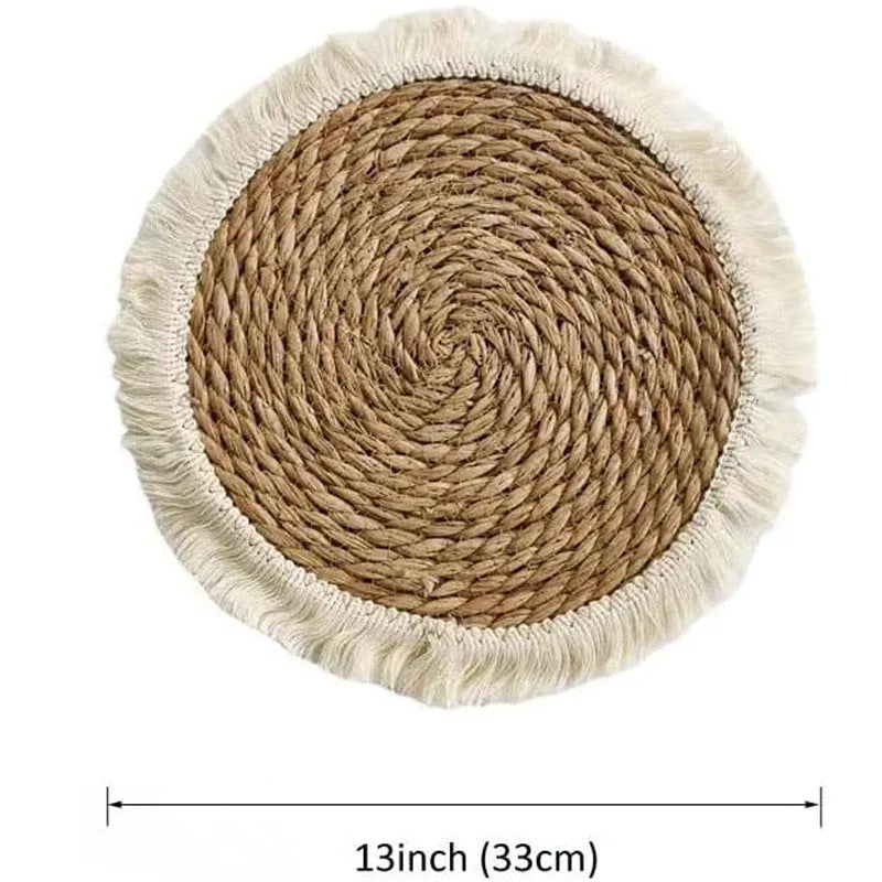 Round papyrus placemat with decorative tassels in Japanese straw design