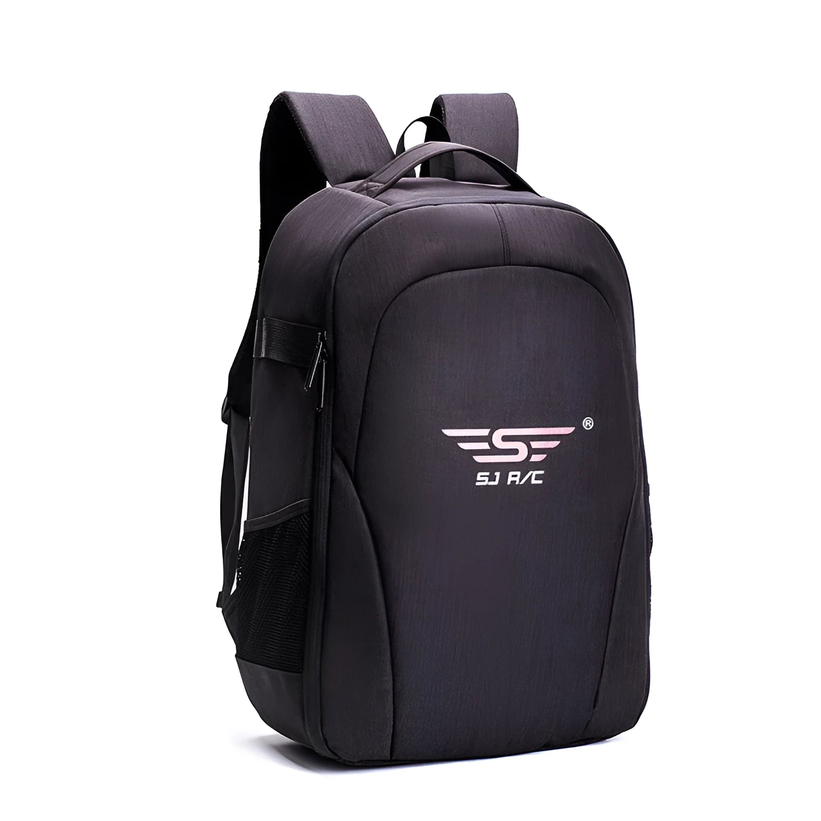 Black waterproof Oxford cloth drone backpack with 52cm dimensions and multiple zipper pockets for camera and laptop storage