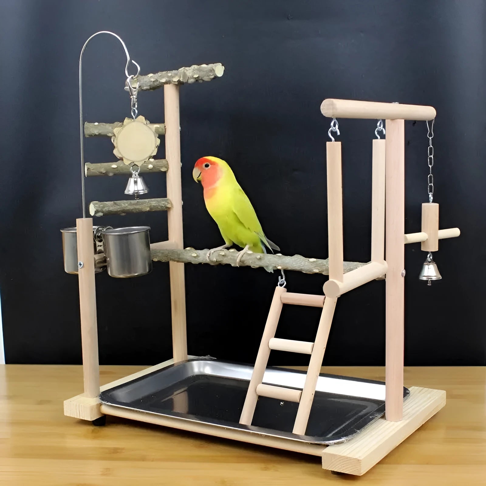Parrot toy stand with pepper wood pole, a colourful bird swing, and a platform for cage enrichment.