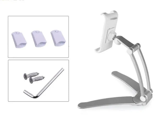 Silver aluminium alloy tablet stand with white mount and adjustable clip on a desktop