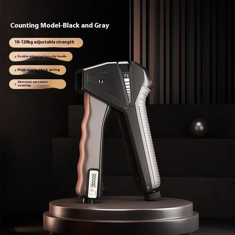 Adjustable hand grip strengthener fitness equipment in black, showing mechanical tension adjustment.