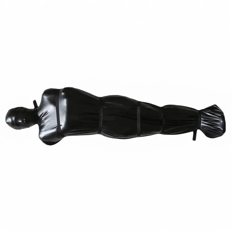 Black patent leather bondage restraint kit with body wrap and six ratchet tie-down straps laid out.