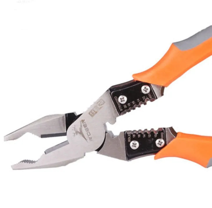 Orange-handled multi-function wire cutter pliers with alloy steel jaws for cutting and stripping wire.