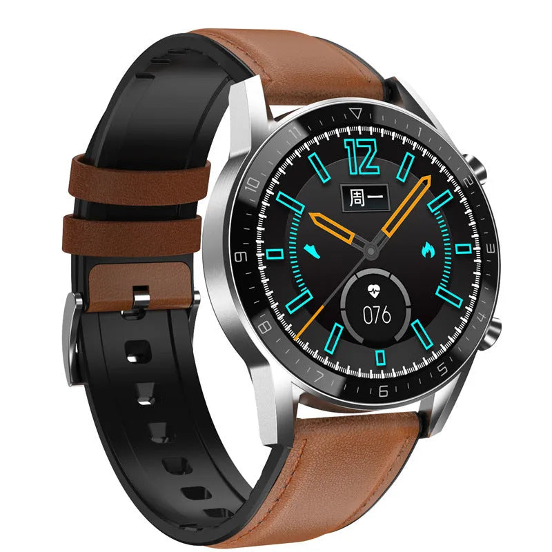 Smart sports watch with leather strap and 1.3-inch touchscreen displaying activity metrics