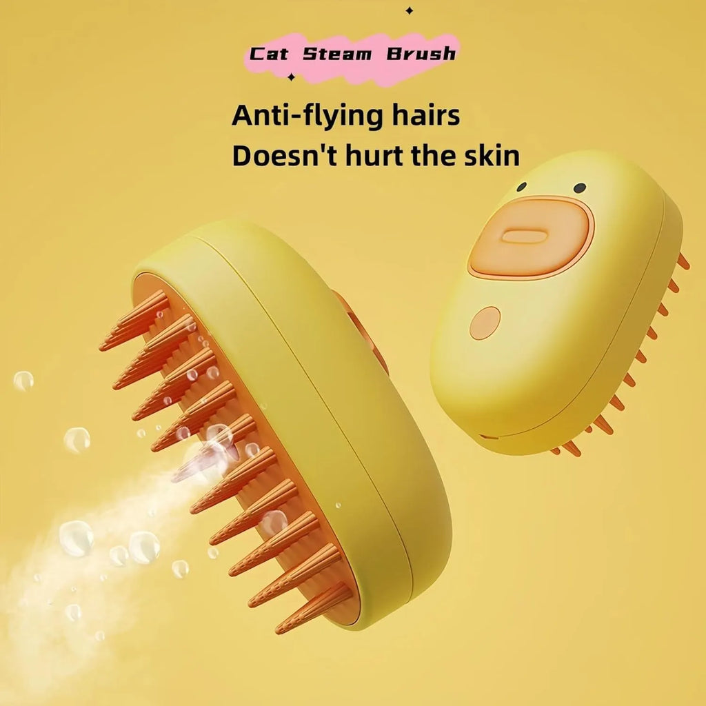White rechargeable steam pet brush with rubber comb teeth for dog and cat grooming