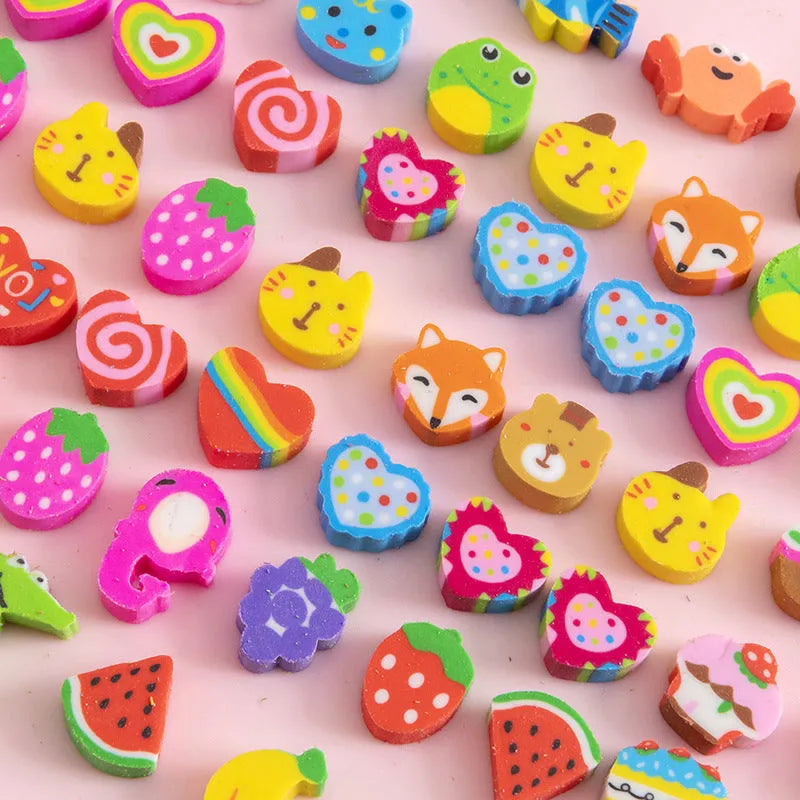 50 colourful cartoon mini erasers in shapes of fruits, animals, and cakes, displayed next to a pearlescent film bag.
