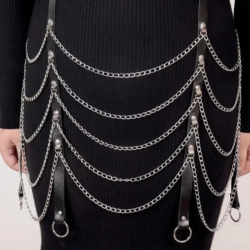 Black PU leather waist chain with bandage binding design draped on clothing