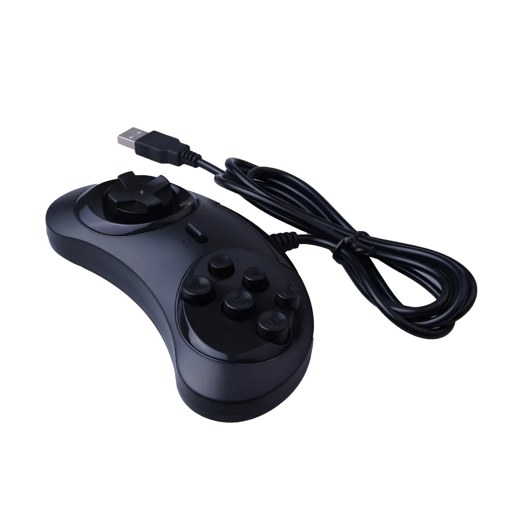 Black Sega USB PC game controller with 1.8 metre cable on a desk