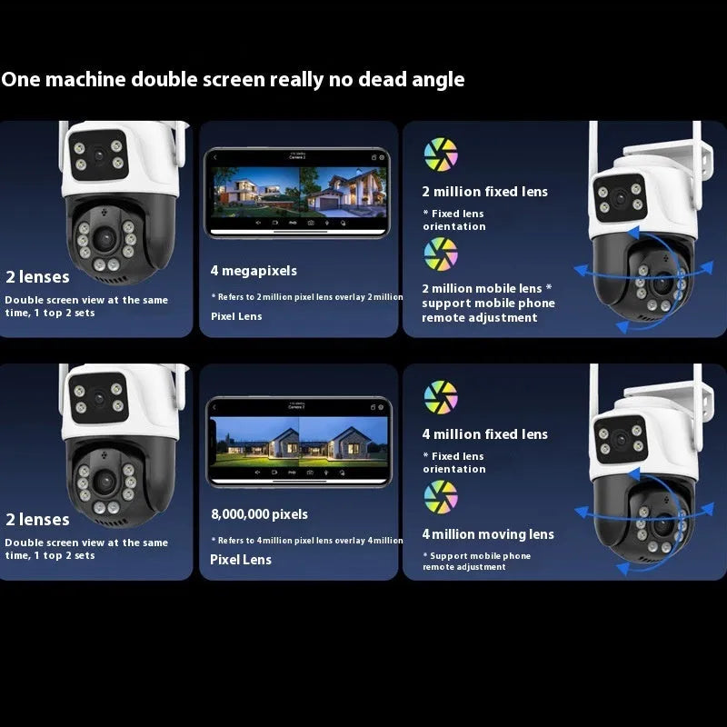 Wireless dual-screen security camera unit for remote home and outdoor monitoring.