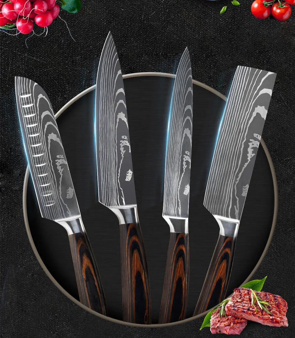 Kitchen chef knife with laser Damascus pattern on 7CR17 stainless steel blade and colour steel handle