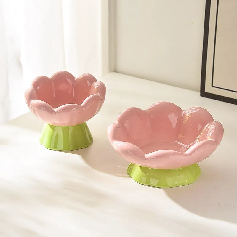 Ceramic Raised Cat Bowl Shallow Wide Flower Design Anti-Vomiting And Whisker Fatigue Non-Slip Tilted 15-Degree Angle Cute Cat Food And Water Bowls For Indoor Cats Pink