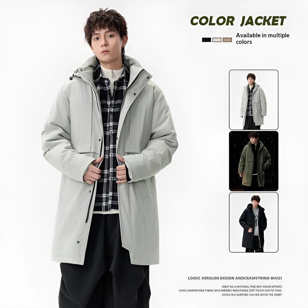 Men's loose fit windproof thickened polyester fibre winter coat in army green, front view with side pockets