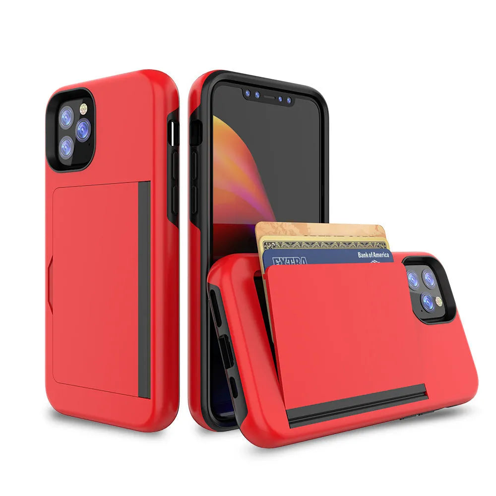 Slim black protective phone case for Apple iPhone 11, shown alongside red and blue colour options.