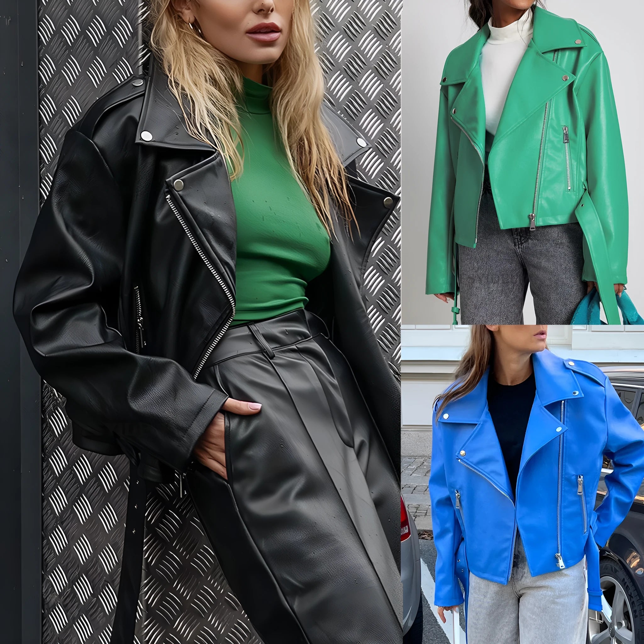 Punk style leather jacket with locomotive lapel and Peter Pan collar in polyester construction