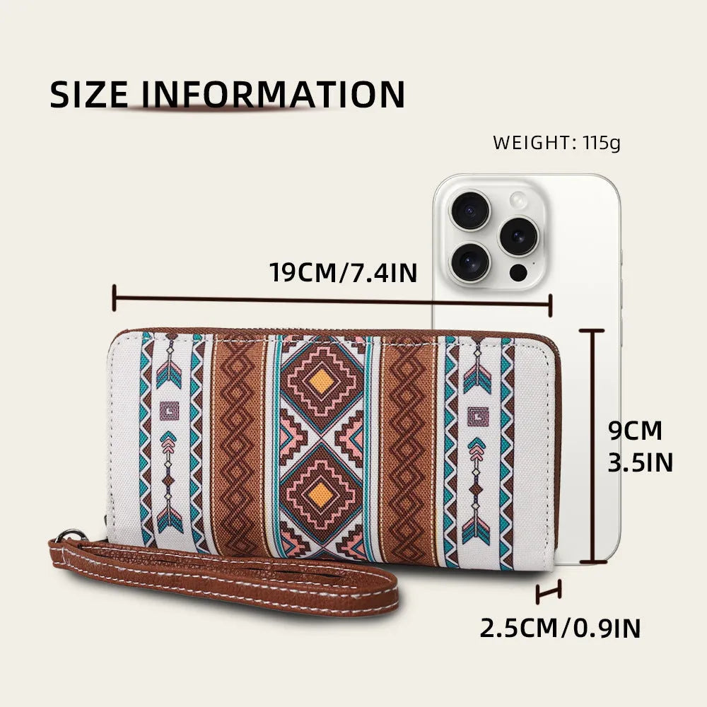 Bohemian striped canvas RFID blocking wallet in beige, black and red, khaki, or spearmint
