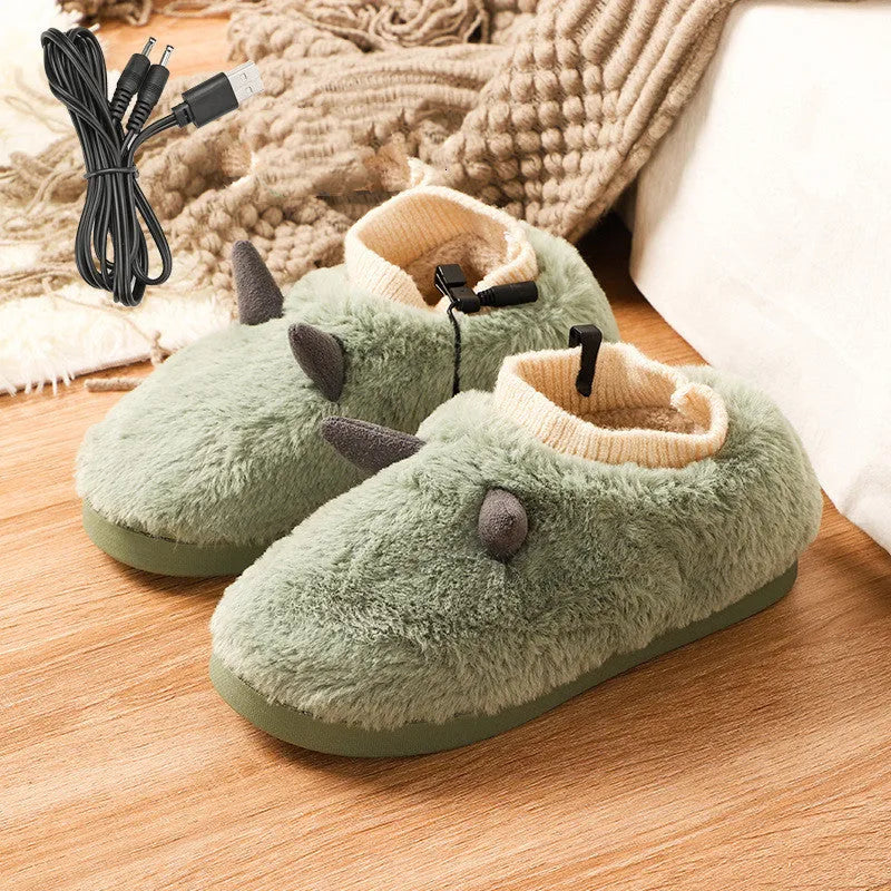 Plush velvet USB heating slippers with a USB cable and power converter, shown in taro purple colour.