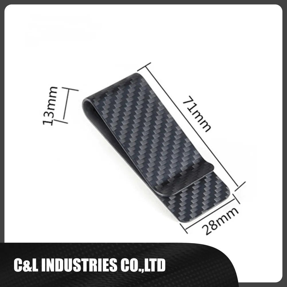 Glossy black carbon fibre money clip with striped pattern on white background