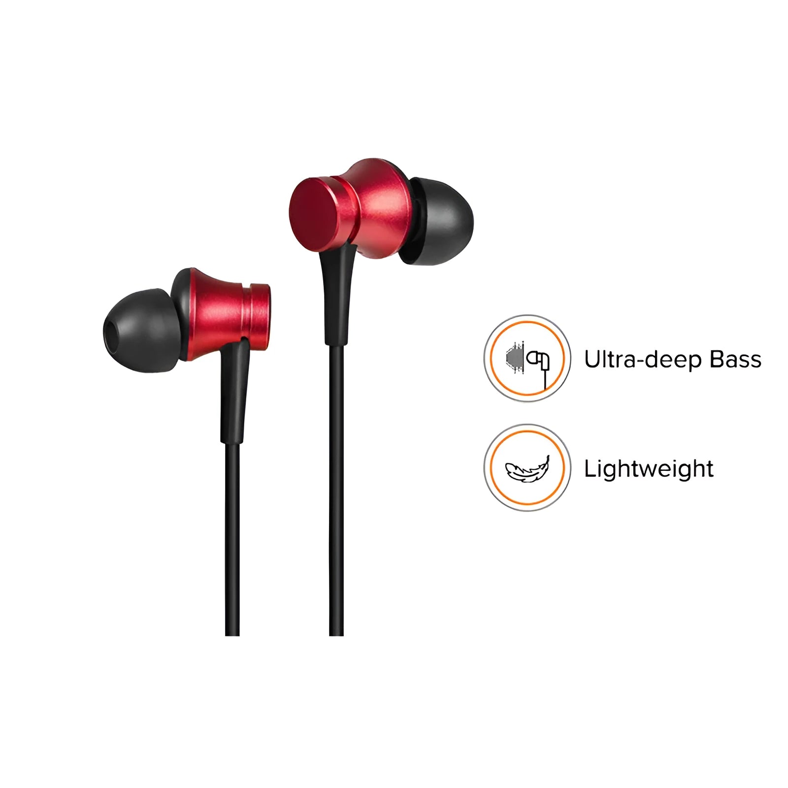 Wired piston in-ear headphones with 3.5mm connector in black, blue and red colour options