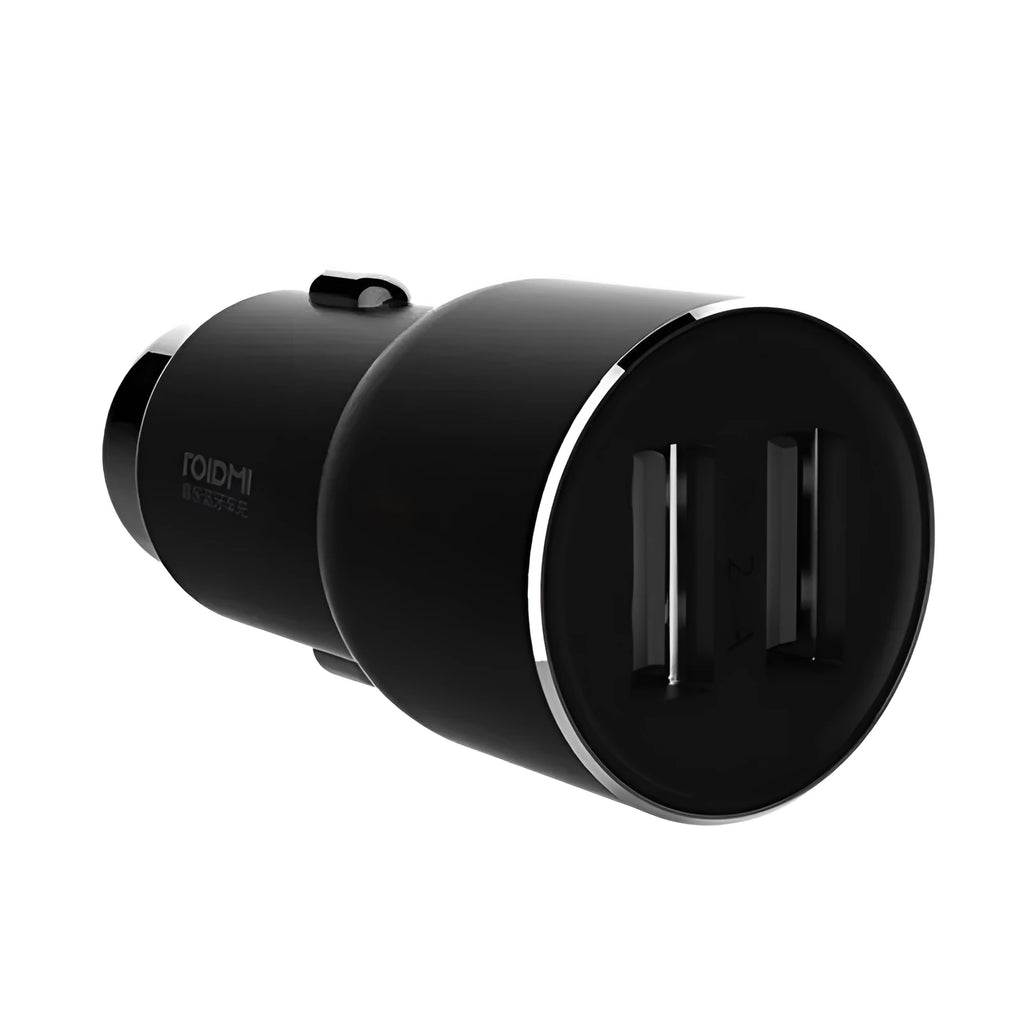 Black Ruimi 3S Bluetooth car charger showing dual USB ports and compact 26.5mm square design