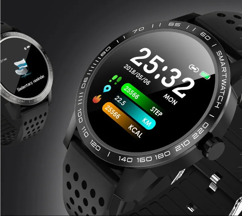 Slim black or blue smart bracelet with a 1.3-inch colour screen showing fitness metrics.
